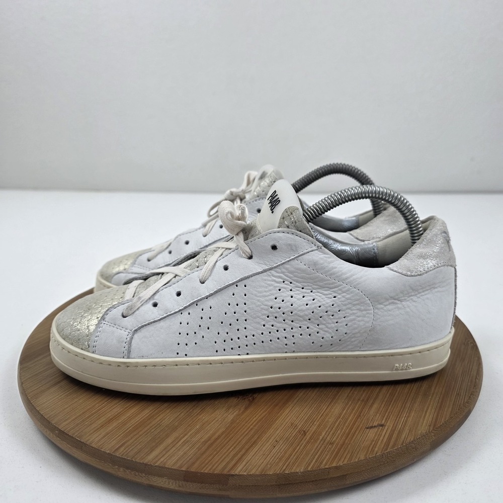 P448 Shoes Womens Size 8.5 White Silver Leather Metallic Toe Low Top Sneakers